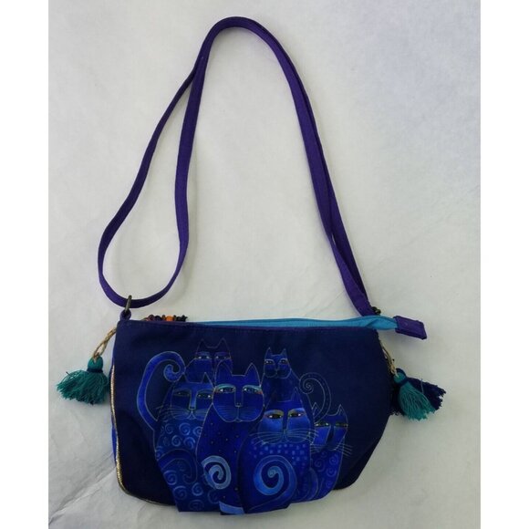 Laurel Burch Purse Crossbody Tote Bag Handbag Small Blue Indigo Cats Zip Tassels - Picture 1 of 12